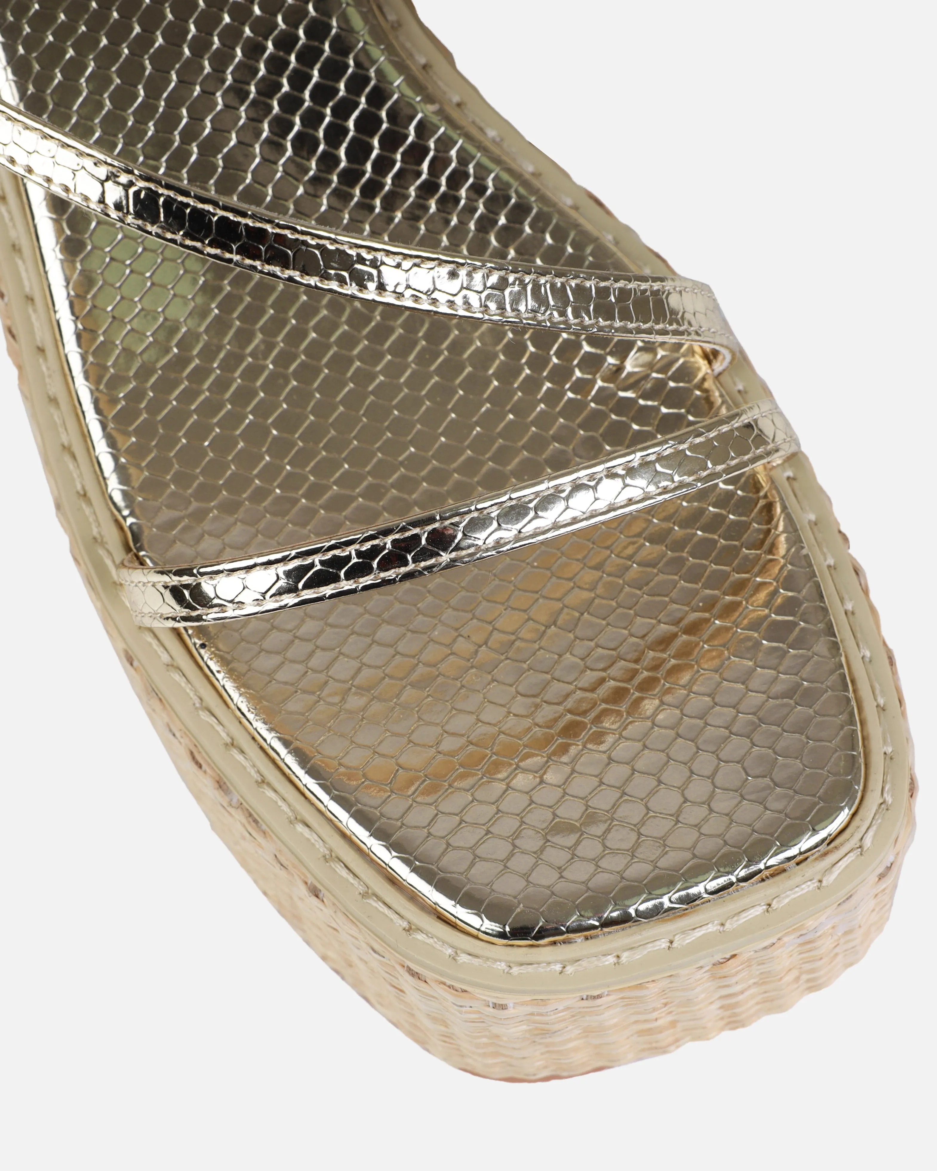Kerensa Gold Faux Snake Print Strappy Espadrille Wedges