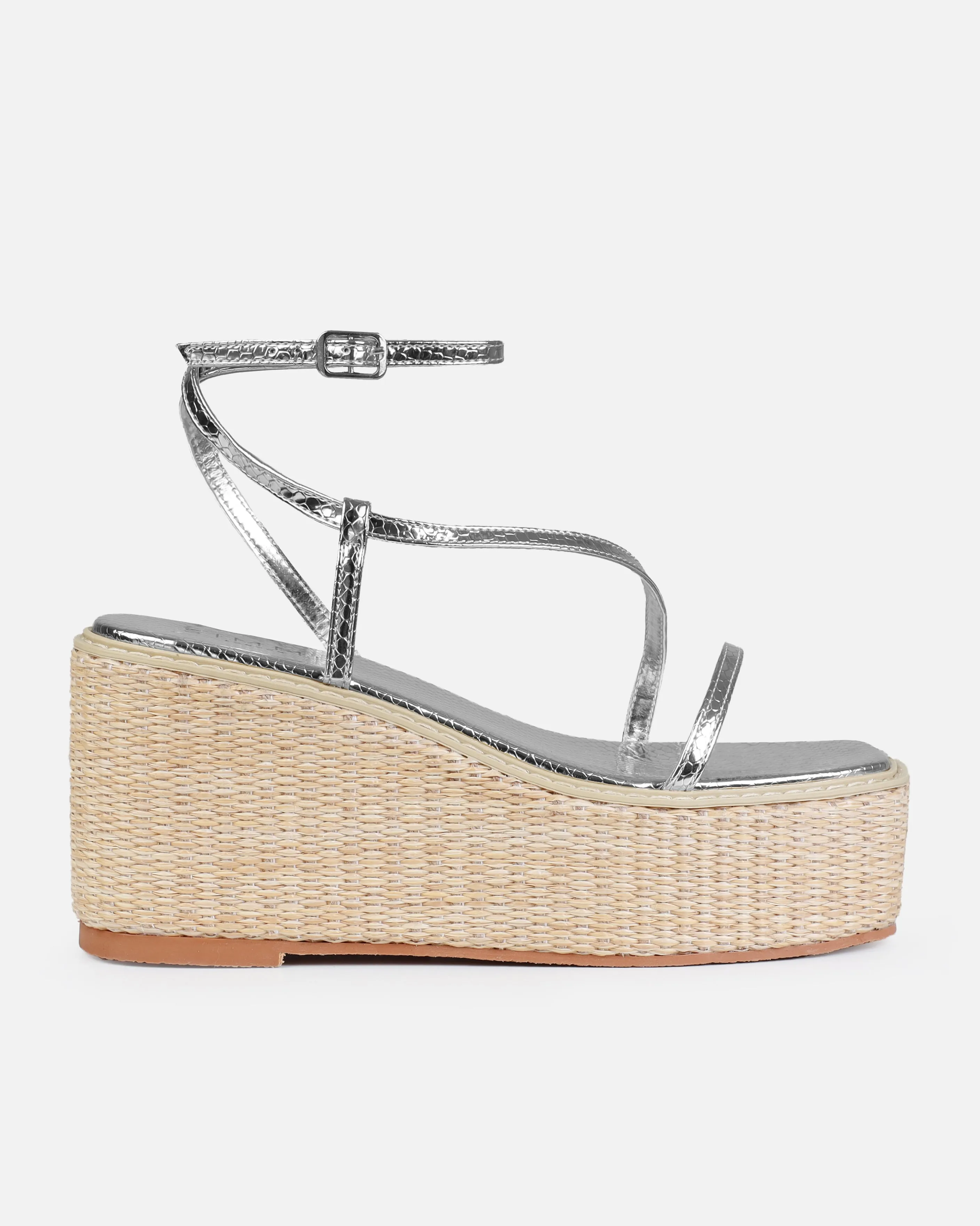 Kerensa Silver Faux Snake Print Strappy Espadrille Wedges