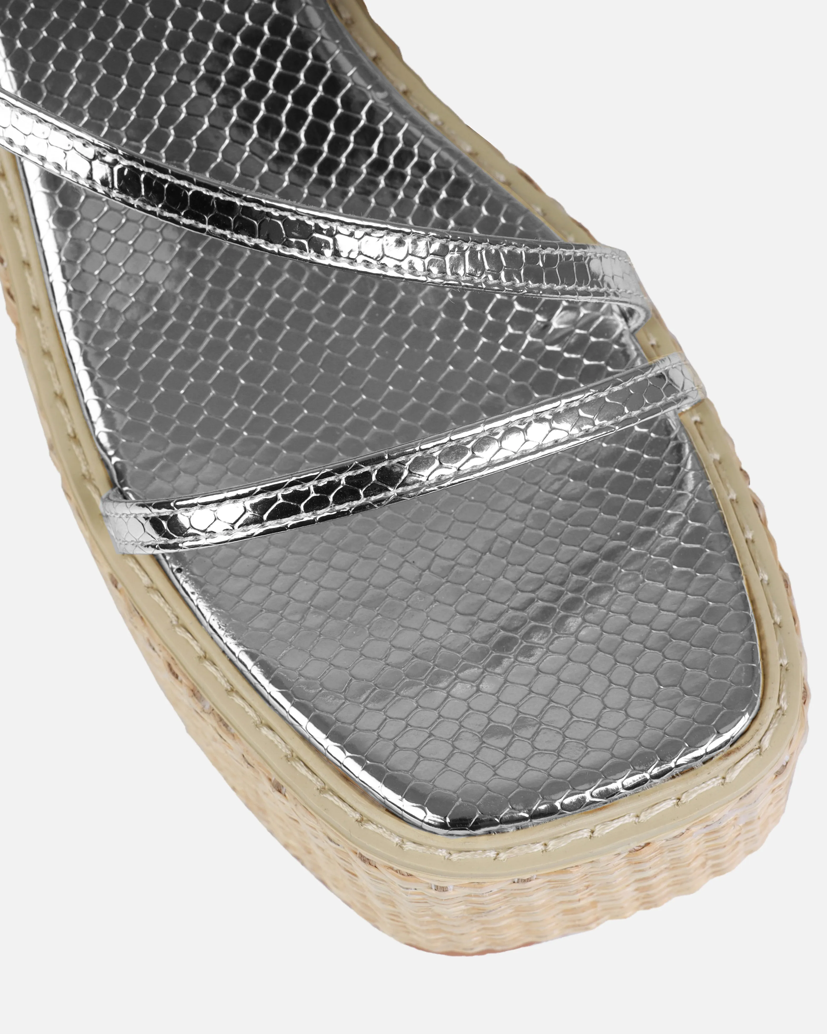 Kerensa Silver Faux Snake Print Strappy Espadrille Wedges
