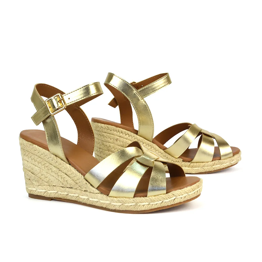 Kylie Wedge Heel Ankle Strap Espadrille Sandals in Black