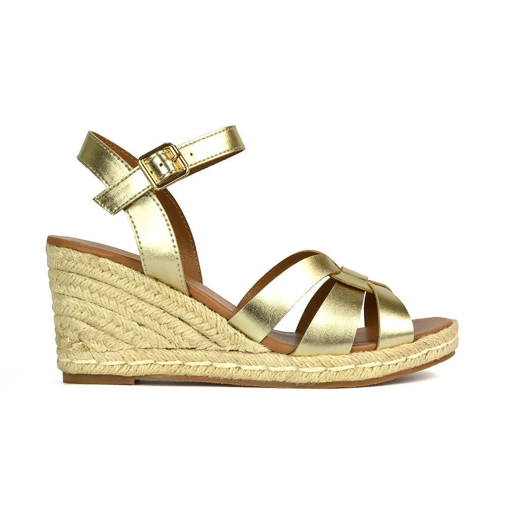 Kylie Wedge Heel Ankle Strap Espadrille Sandals in Black