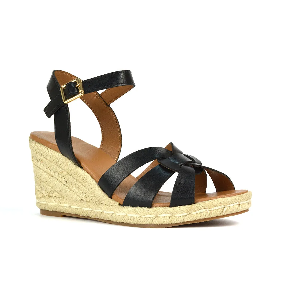 Kylie Wedge Heel Ankle Strap Espadrille Sandals in Black