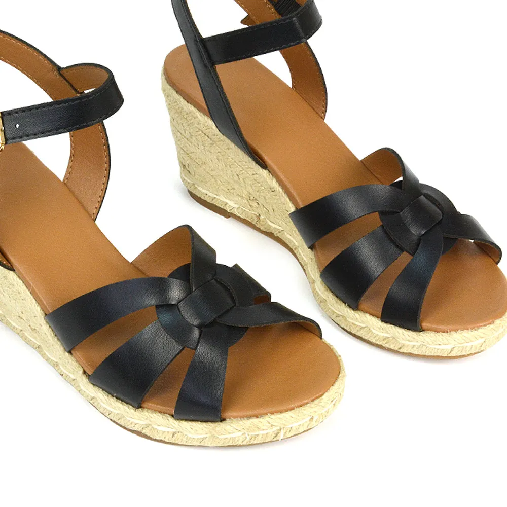 Kylie Wedge Heel Ankle Strap Espadrille Sandals in Black