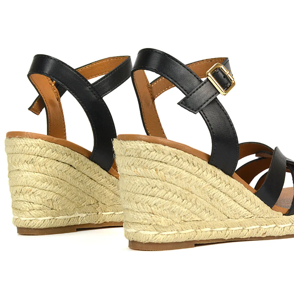 Kylie Wedge Heel Ankle Strap Espadrille Sandals in Black