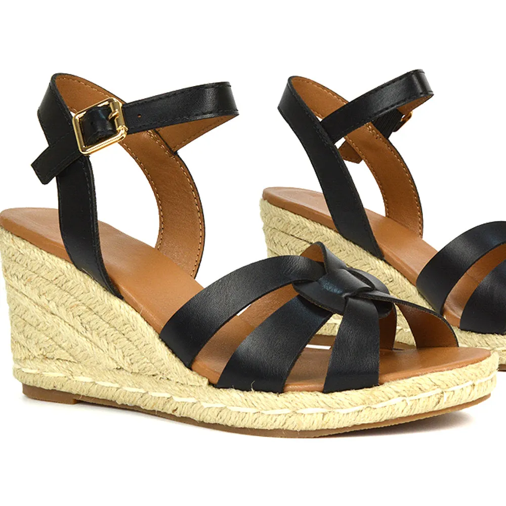 Kylie Wedge Heel Ankle Strap Espadrille Sandals in Black