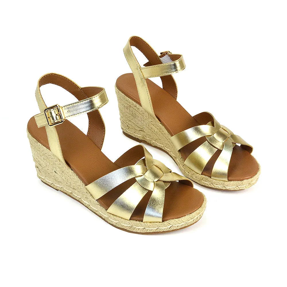 Kylie Wedge Heel Ankle Strap Espadrille Sandals in Black