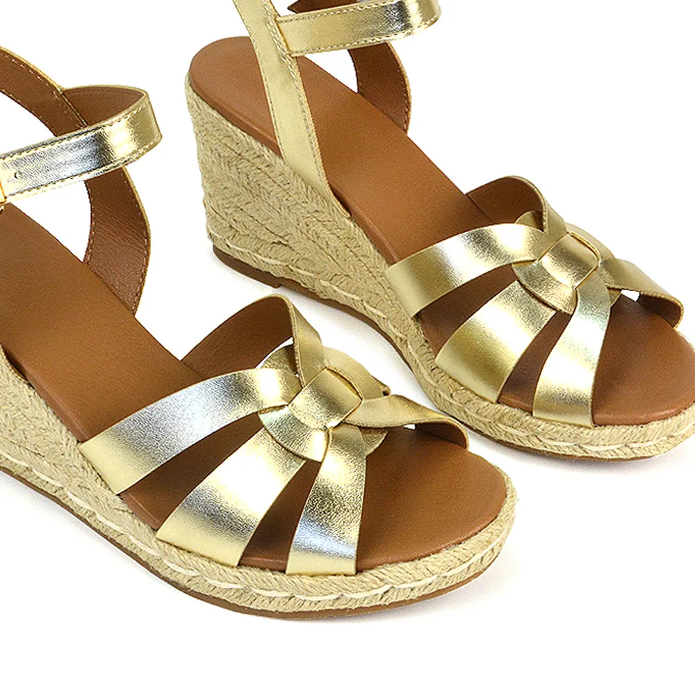 Kylie Wedge Heel Ankle Strap Espadrille Sandals in Black