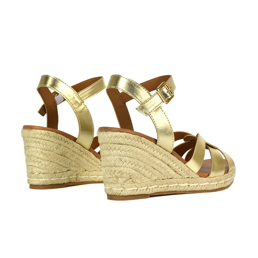 Kylie Wedge Heel Ankle Strap Espadrille Sandals in Black