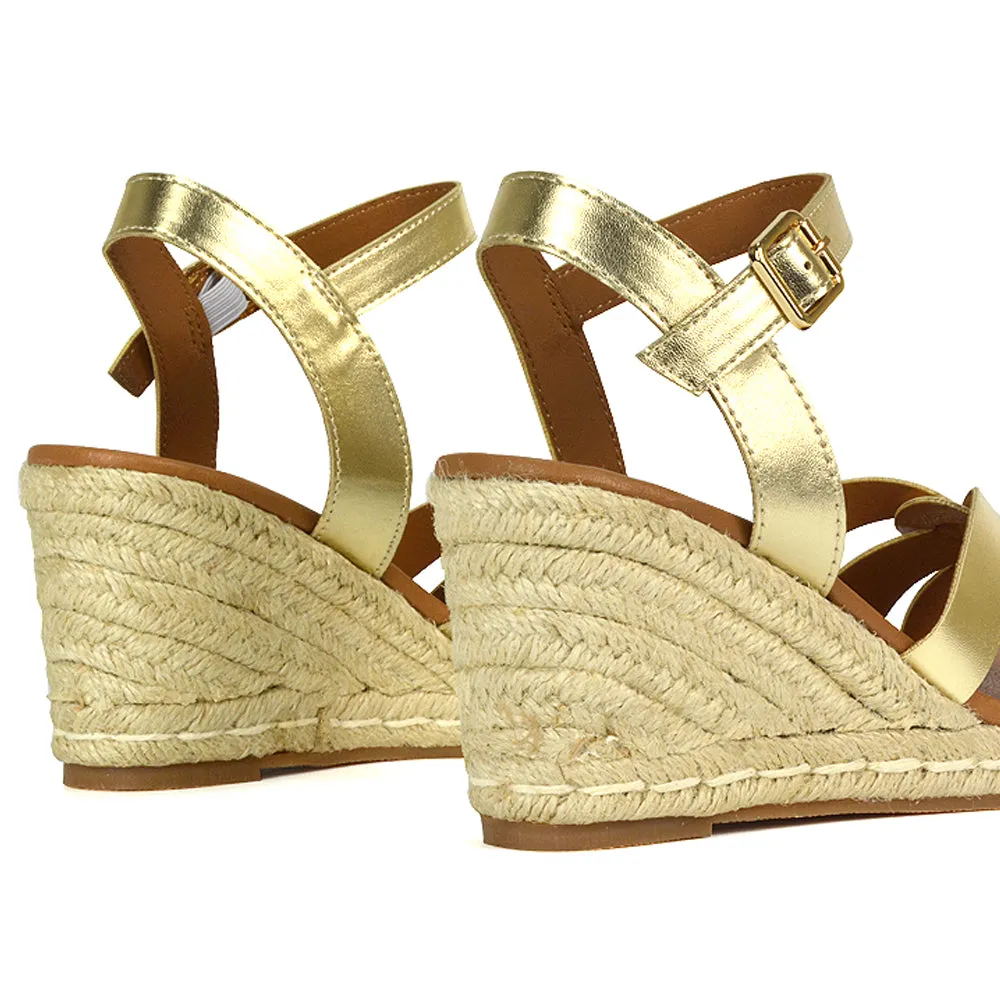 Kylie Wedge Heel Ankle Strap Espadrille Sandals in Black