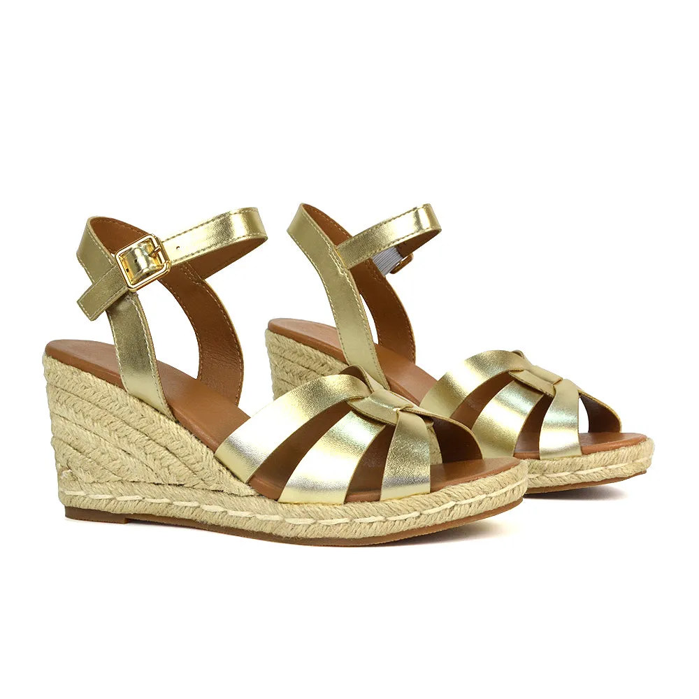 Kylie Wedge Heel Ankle Strap Espadrille Sandals in Black