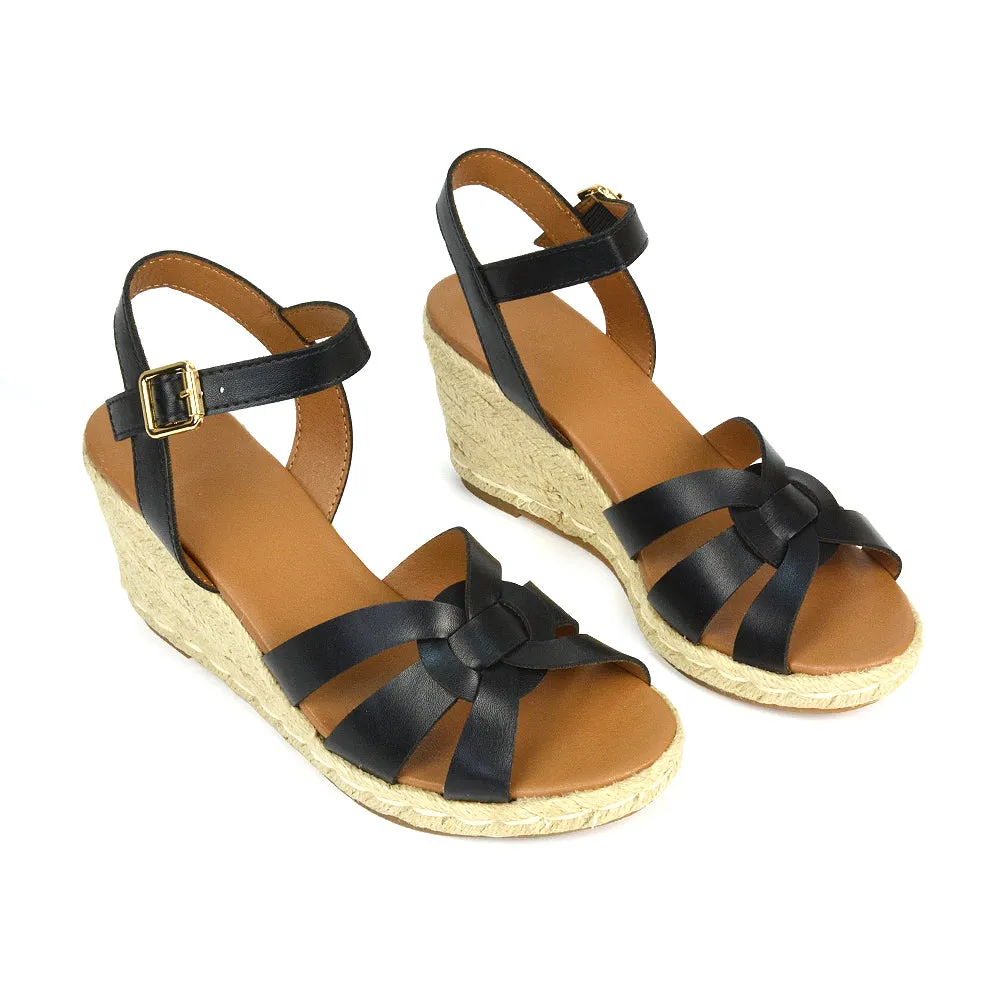 Kylie Wedge Heel Ankle Strap Espadrille Sandals in Black