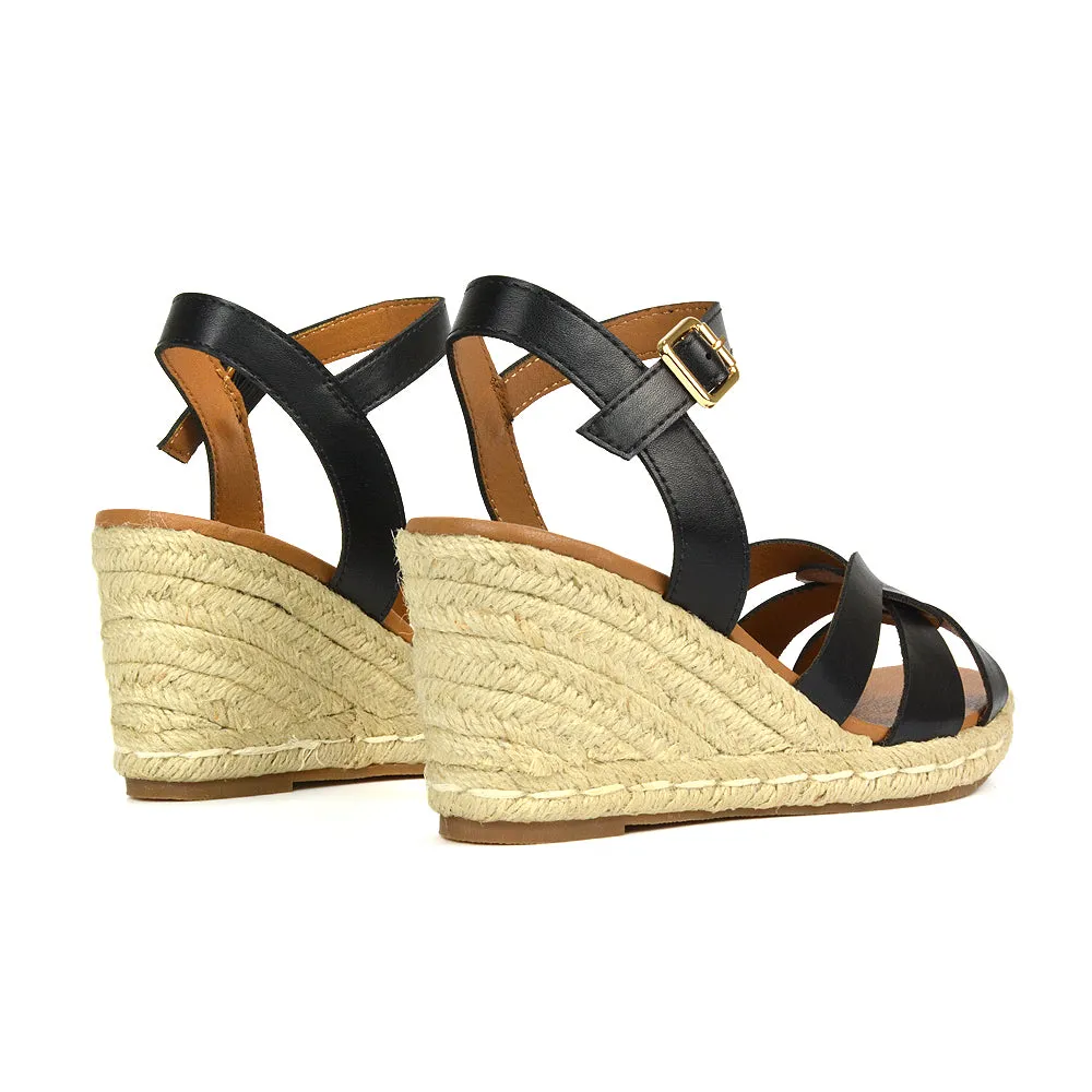 Kylie Wedge Heel Ankle Strap Espadrille Sandals in Black