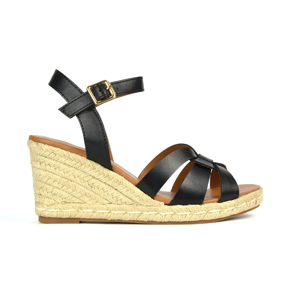 Kylie Wedge Heel Ankle Strap Espadrille Sandals in Black