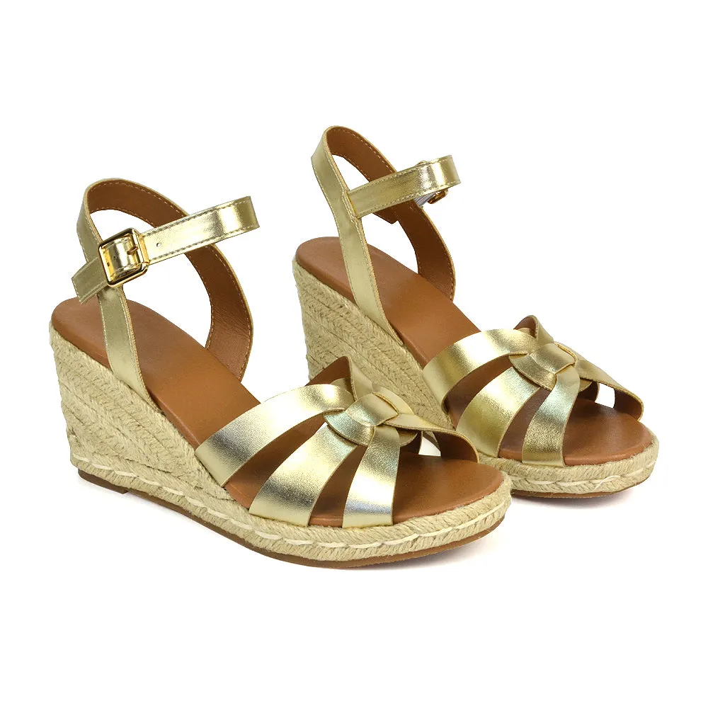 Kylie Wedge Heel Ankle Strap Espadrille Sandals in Black