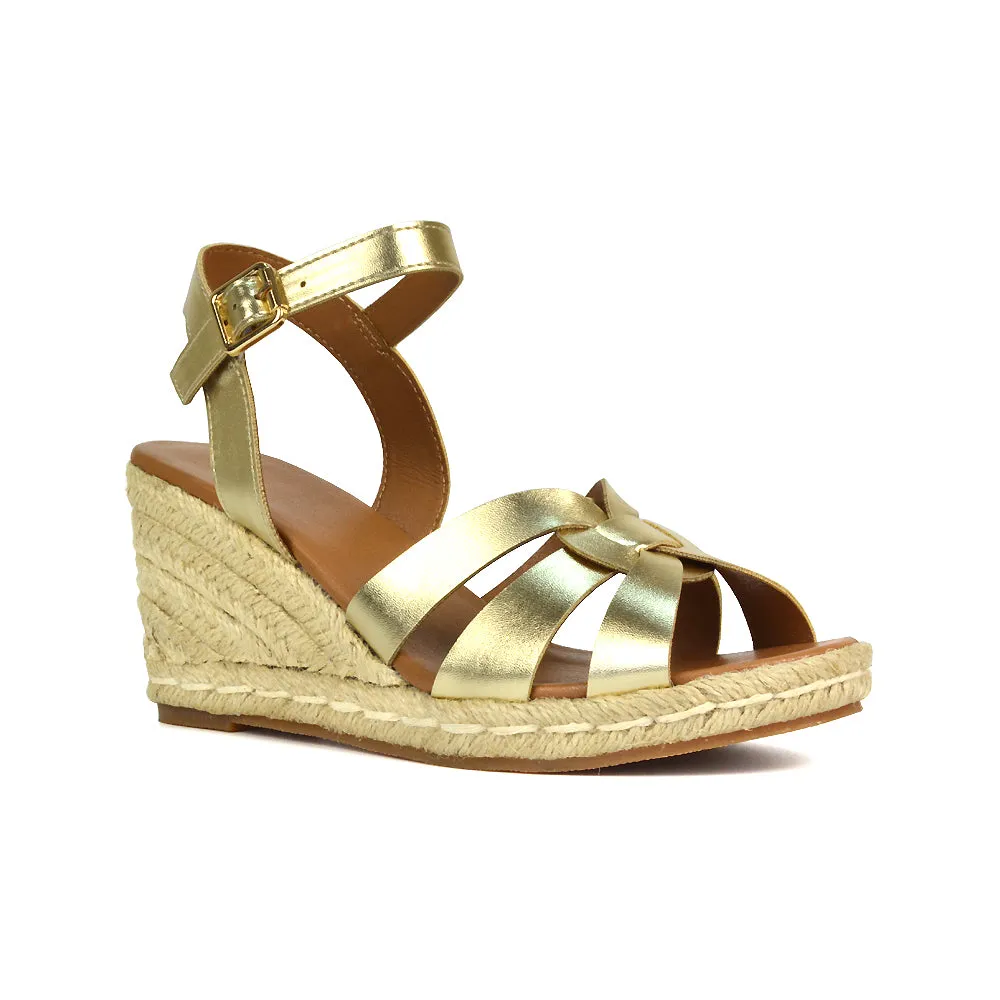 Kylie Wedge Heel Ankle Strap Espadrille Sandals in Black