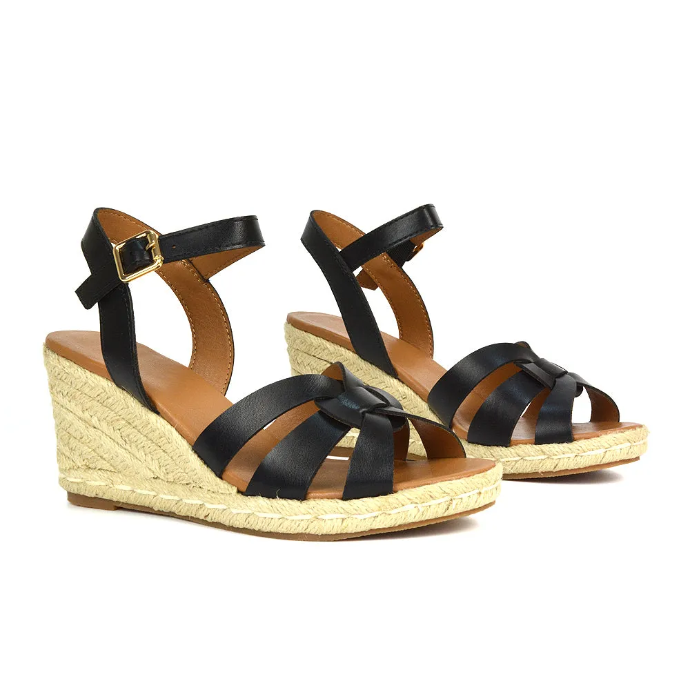 Kylie Wedge Heel Ankle Strap Espadrille Sandals in Black
