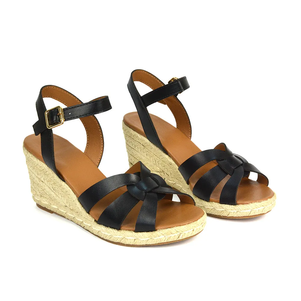 Kylie Wedge Heel Ankle Strap Espadrille Sandals in Black