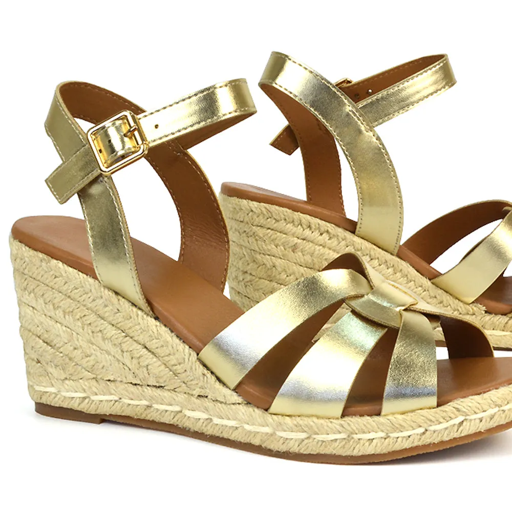 Kylie Wedge Heel Ankle Strap Espadrille Sandals in Black