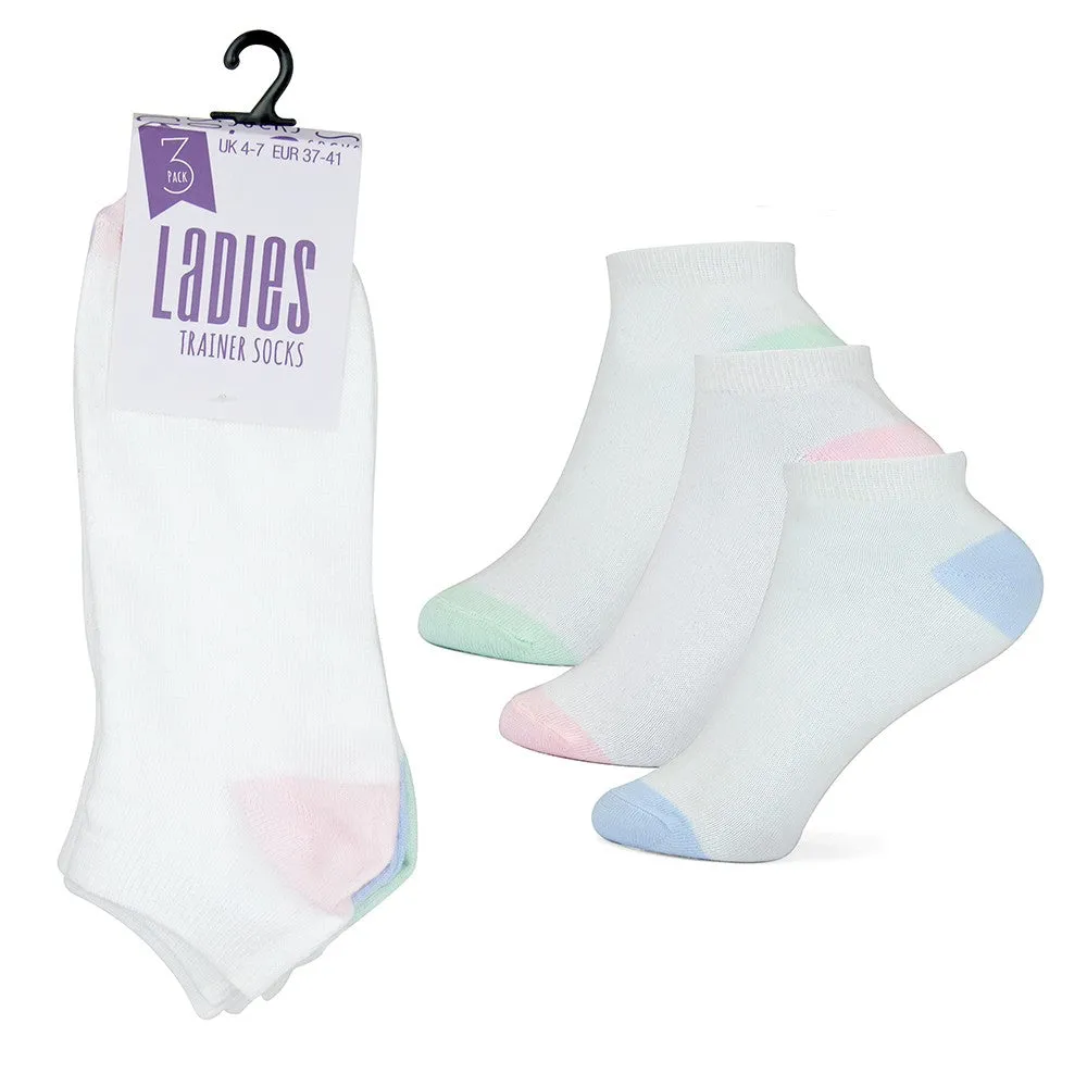 Ladies 3 Pack White Trainer Socks With Contrast Heel & Toe