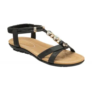 Lotus Bettina Black Strappy Gemmed Slingback Flat Sandals