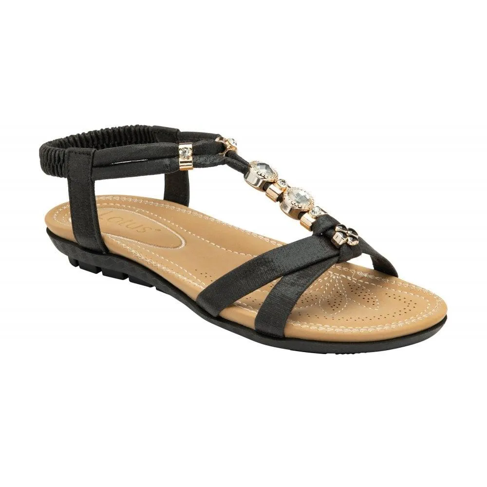 Lotus Bettina Black Strappy Gemmed Slingback Flat Sandals