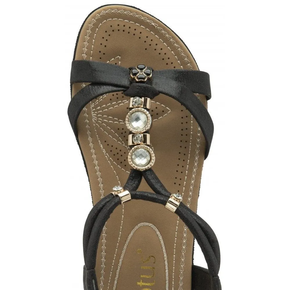 Lotus Bettina Black Strappy Gemmed Slingback Flat Sandals