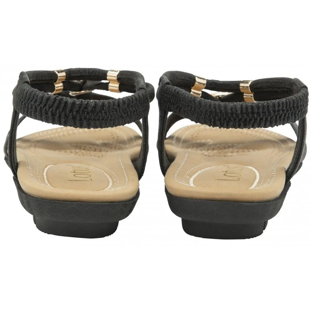 Lotus Bettina Black Strappy Gemmed Slingback Flat Sandals