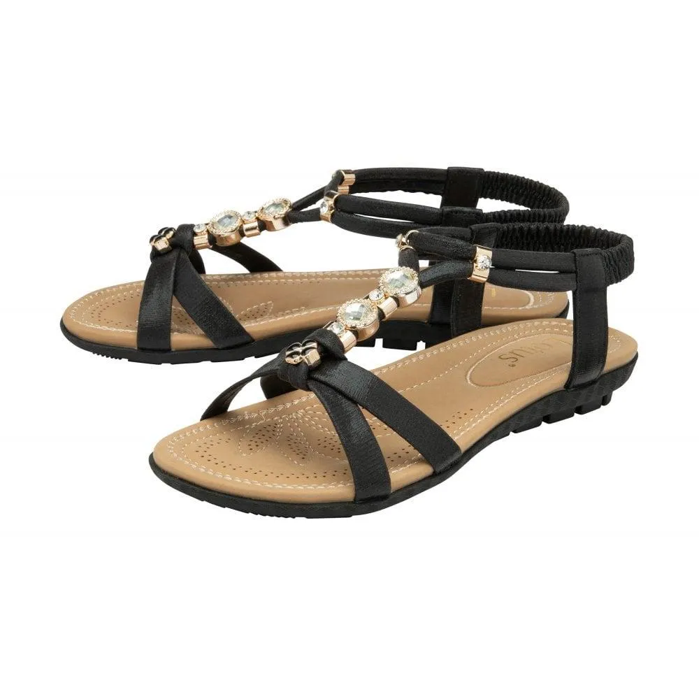 Lotus Bettina Black Strappy Gemmed Slingback Flat Sandals