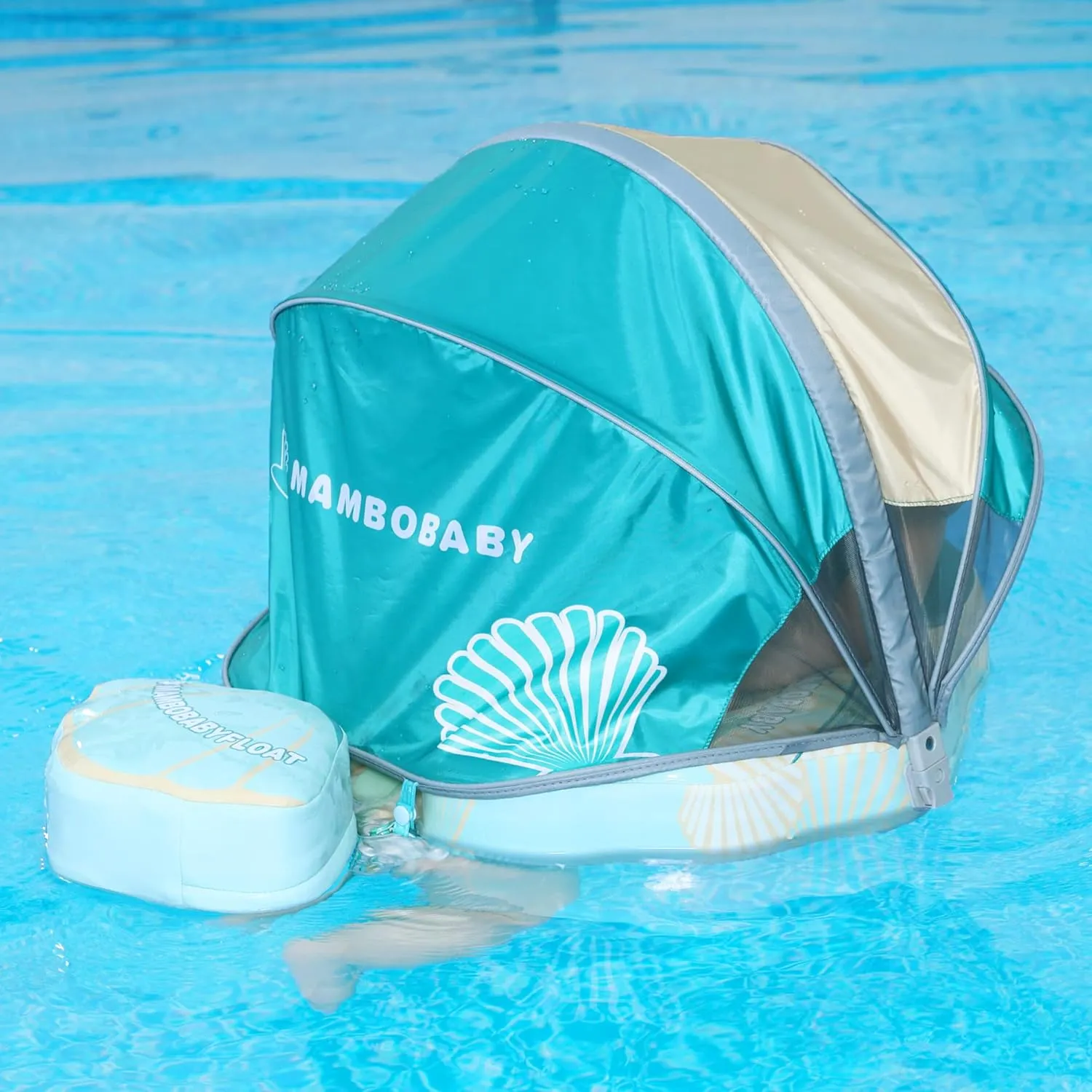 Mambobaby Float Add Tail Baby Swim Float with Canopy Solid Pool Infant Swim Trainer Swimming Training Lying Air Free Water Floats Non-Inflatable Waist Swim Ring for Toddlers (Shell - Purple)