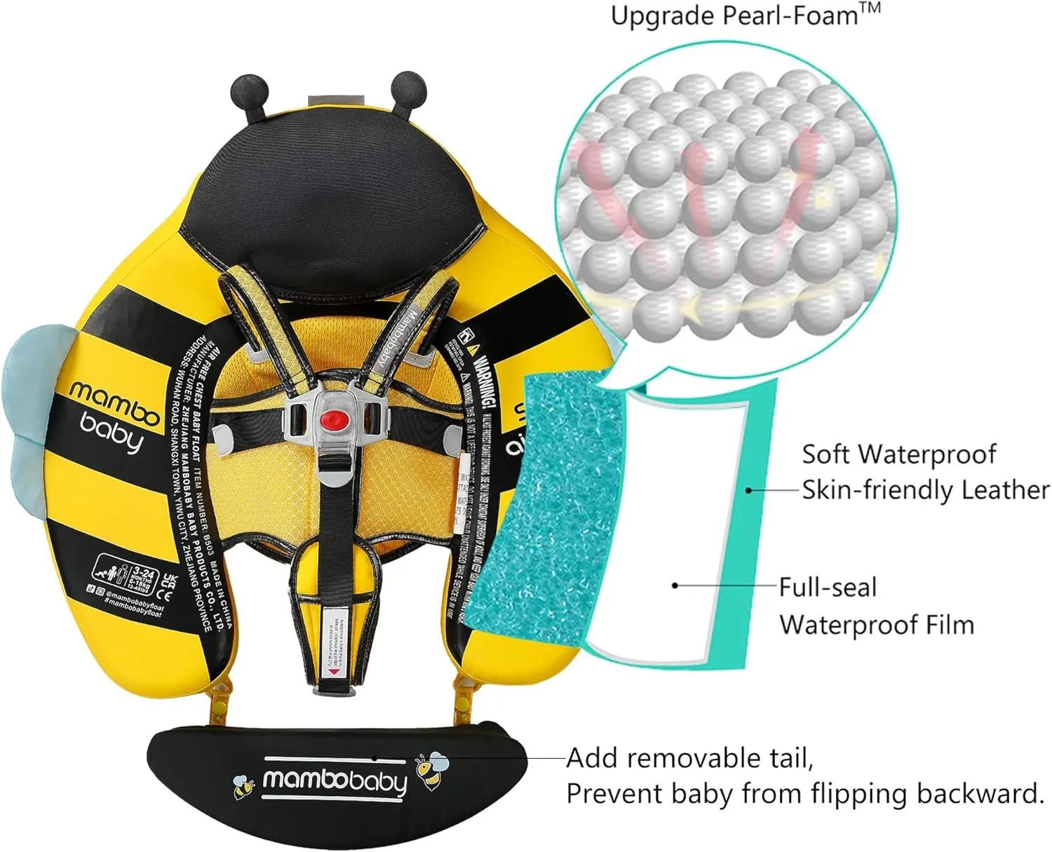 Mambobaby Float with Canopy Non-Inflatable Baby Pool Float Infant Solid Swim Float Add Tail Water Floats Smart Swim Trainer for Infant Toddler 3-24 Months, Honey Bee Yellow