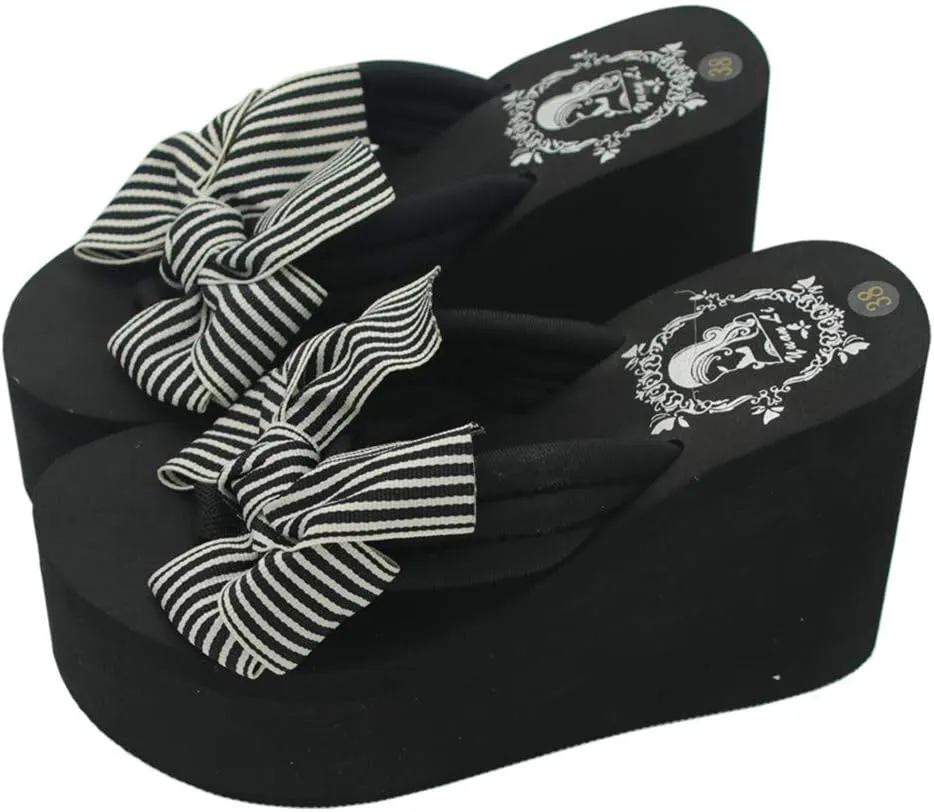 Mamilove Womens Chunky High Platform Wedge Flip-flops Sandals 8 White Stripes