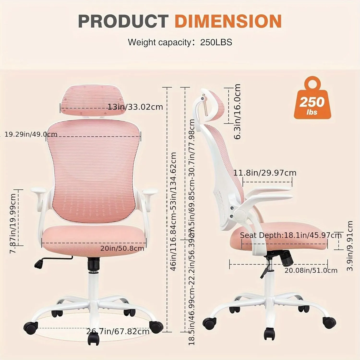 Mesh Ergonomic Office Computer Desk Chair with Adjustable Headrests & Flip-up Arms,for Living Room,Bedroom,Study,Office(26.7"×20.08"×53"). (Pink)
