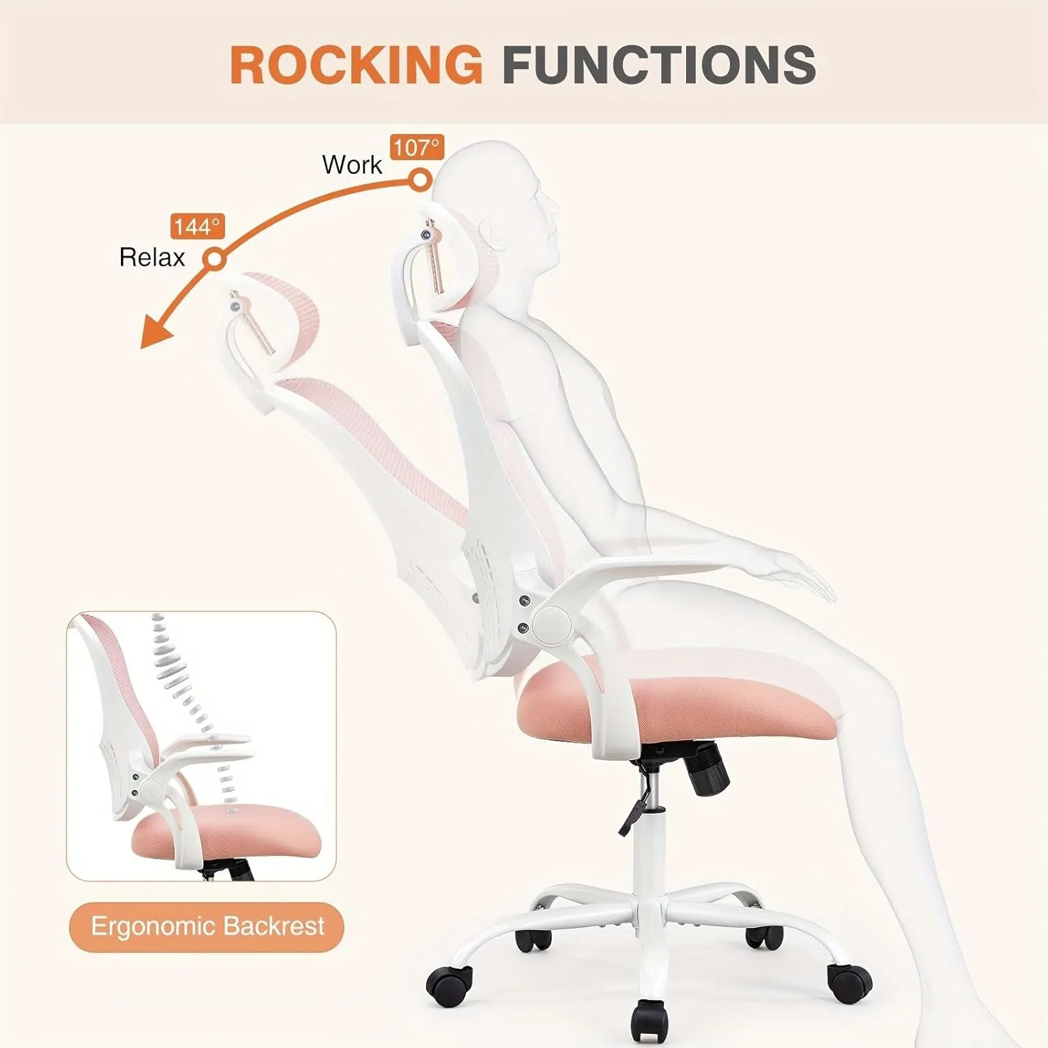 Mesh Ergonomic Office Computer Desk Chair with Adjustable Headrests & Flip-up Arms,for Living Room,Bedroom,Study,Office(26.7"×20.08"×53"). (Pink)