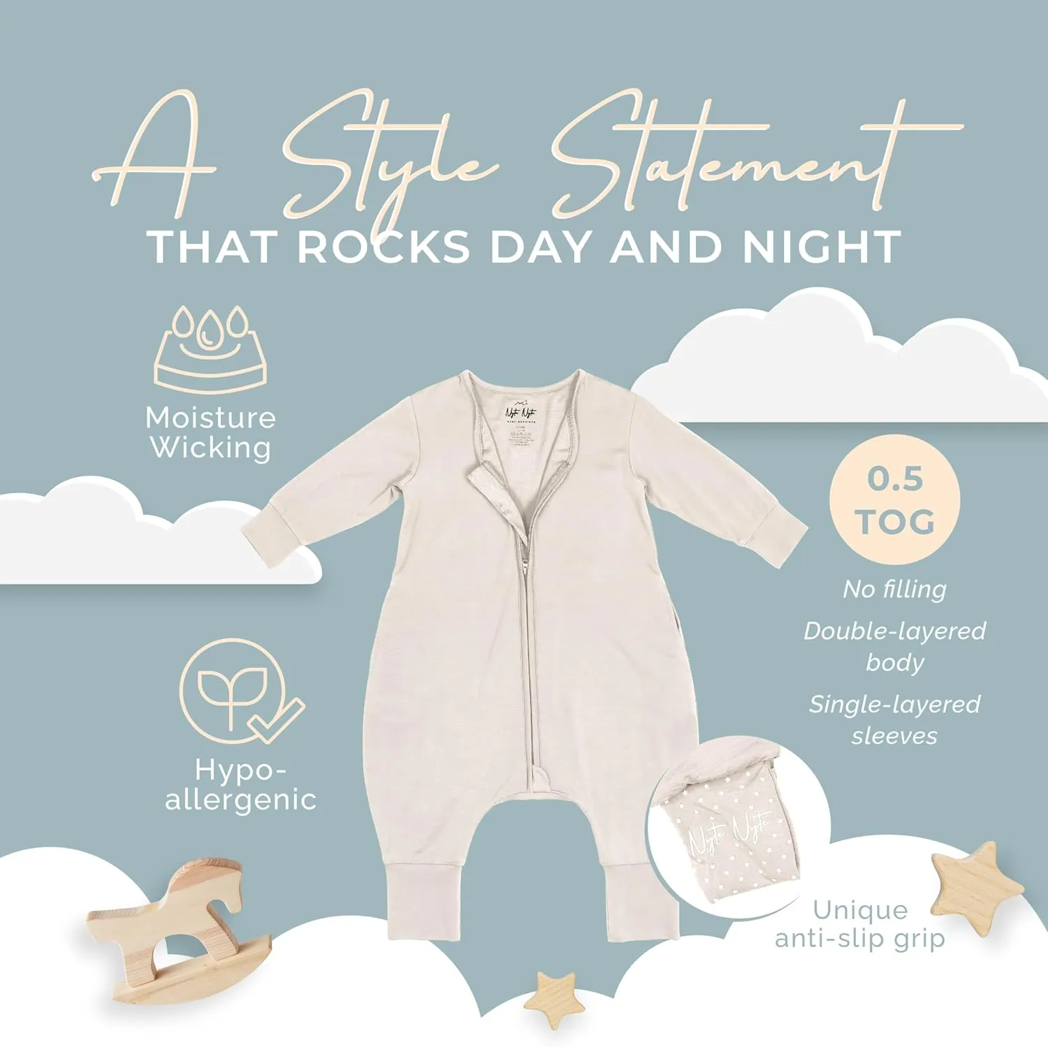 Nyte Nyte Baby- 0.5 TOG SnuggleSack Sleep Sack Rumper W Sleeves, Adjustable Feet Cuffs & Anti-Slip Grip