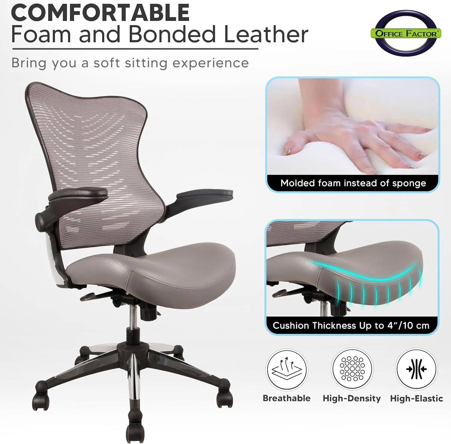 OfficeFactor Executive Ergonomic Computer Office Chair Back Mesh Bonded Leather Seat Flip-up Arms Lumbar Support Molded Foam Seat Adjustable Height Home Office Desk Chair (Grey)