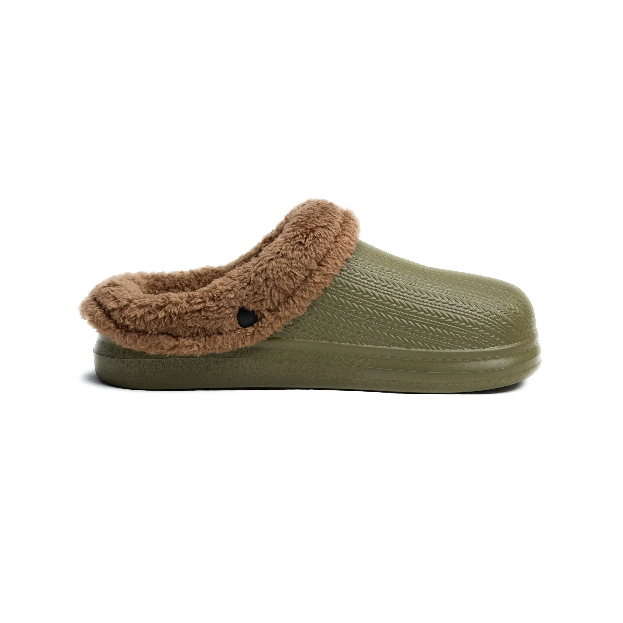 Olive Textured Rubber Sabo Clog with Inner Fur