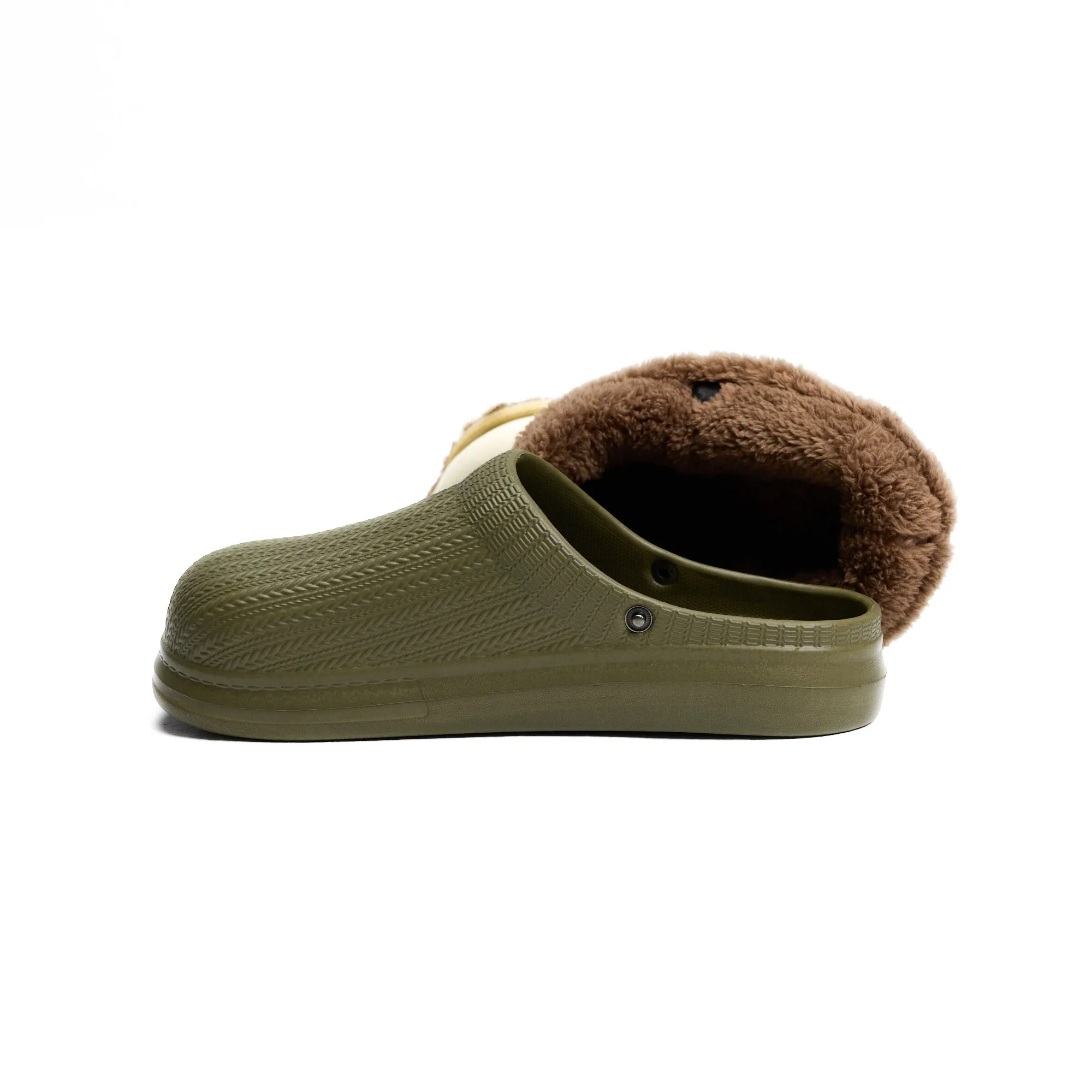 Olive Textured Rubber Sabo Clog with Inner Fur