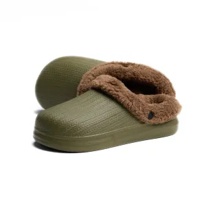 Olive Textured Rubber Sabo Clog with Inner Fur