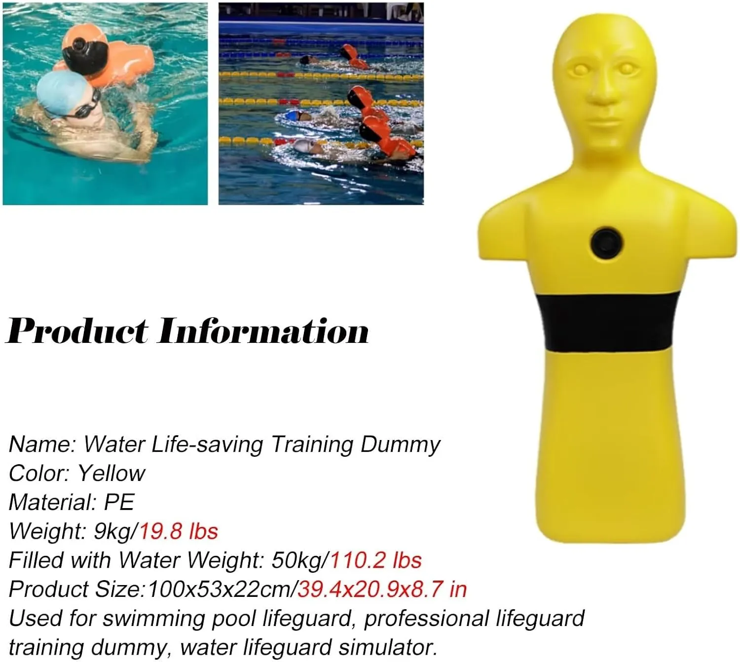 Orange & Yellow Water Rescue Training Dummy, Large Fire Training Drill Dummys with 3 Water Filling Holes, 1m Swimming Teaching Tools for Kids/Adults(Yellow)