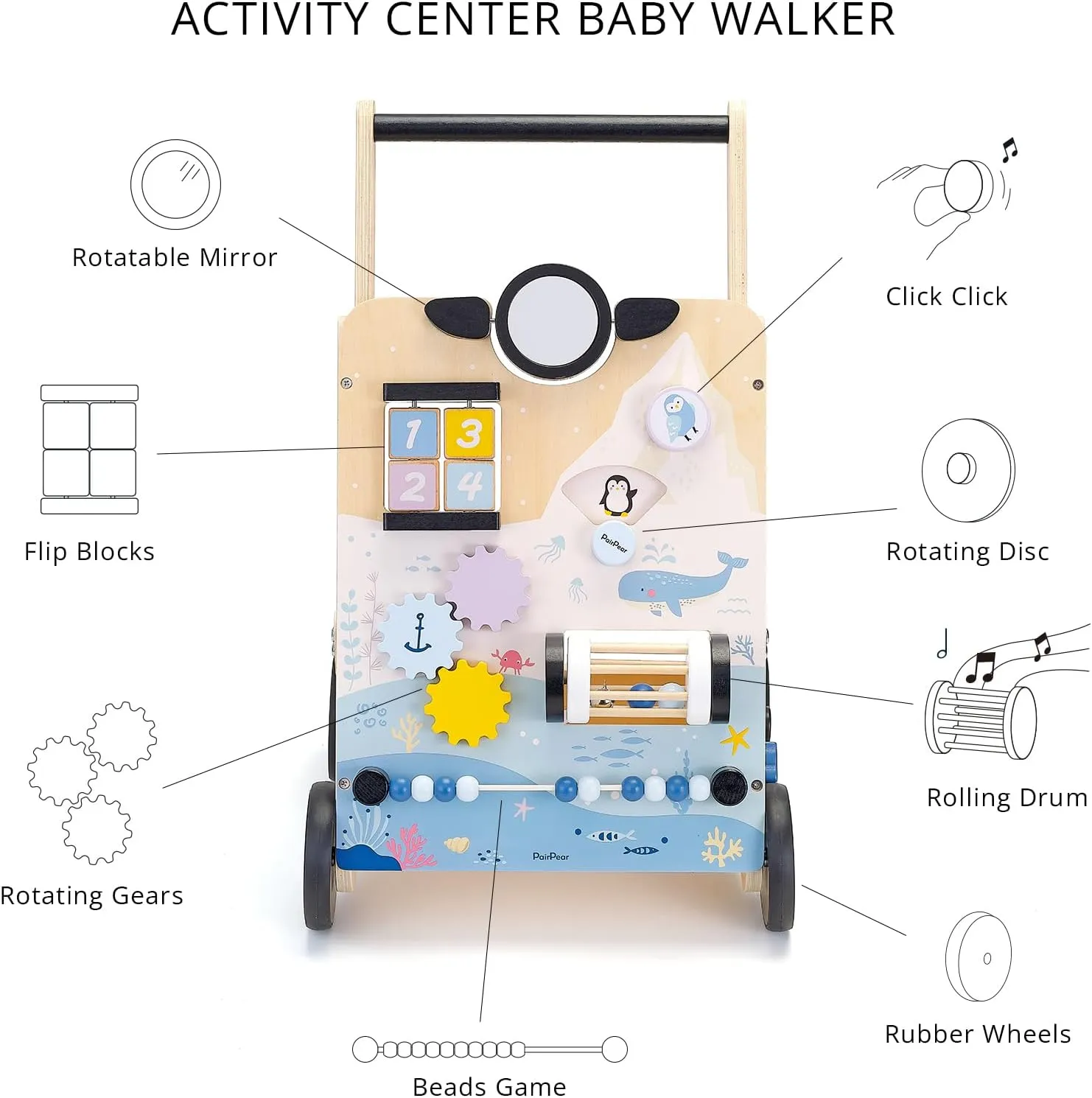 PairPear Wooden Baby Walker, Baby Push Walker Activity Center Toys,Montessori Walker Toy with Shape Sorter, Adjustable Speed Activity Walker Toys Gift for Boys Girls 1 2 3 Year Old（Polar Region）