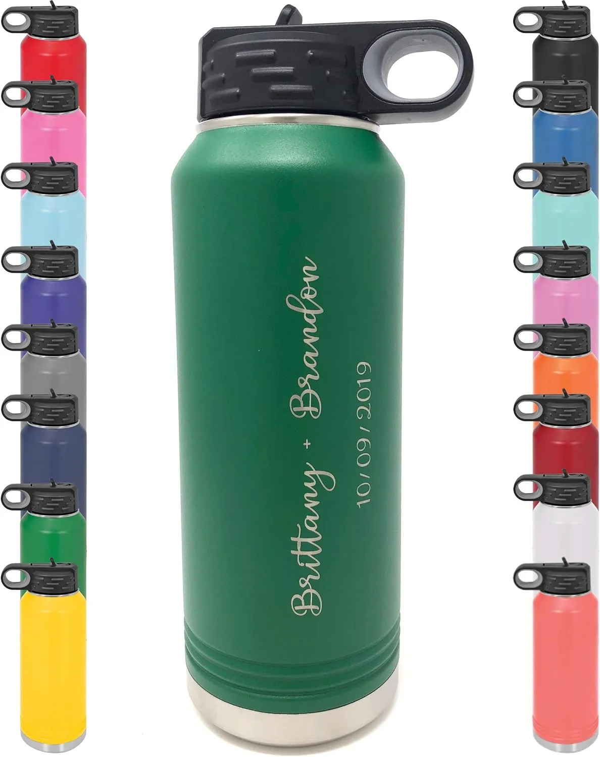 Personalized Water Bottle w/Straw & Lid, 32 oz - Green | Custom Stainless Steel Sport Water Bottle, School Water Bottle w/Name and Text - Double-Wall, Vacuum Insulated Custom Water Bottle