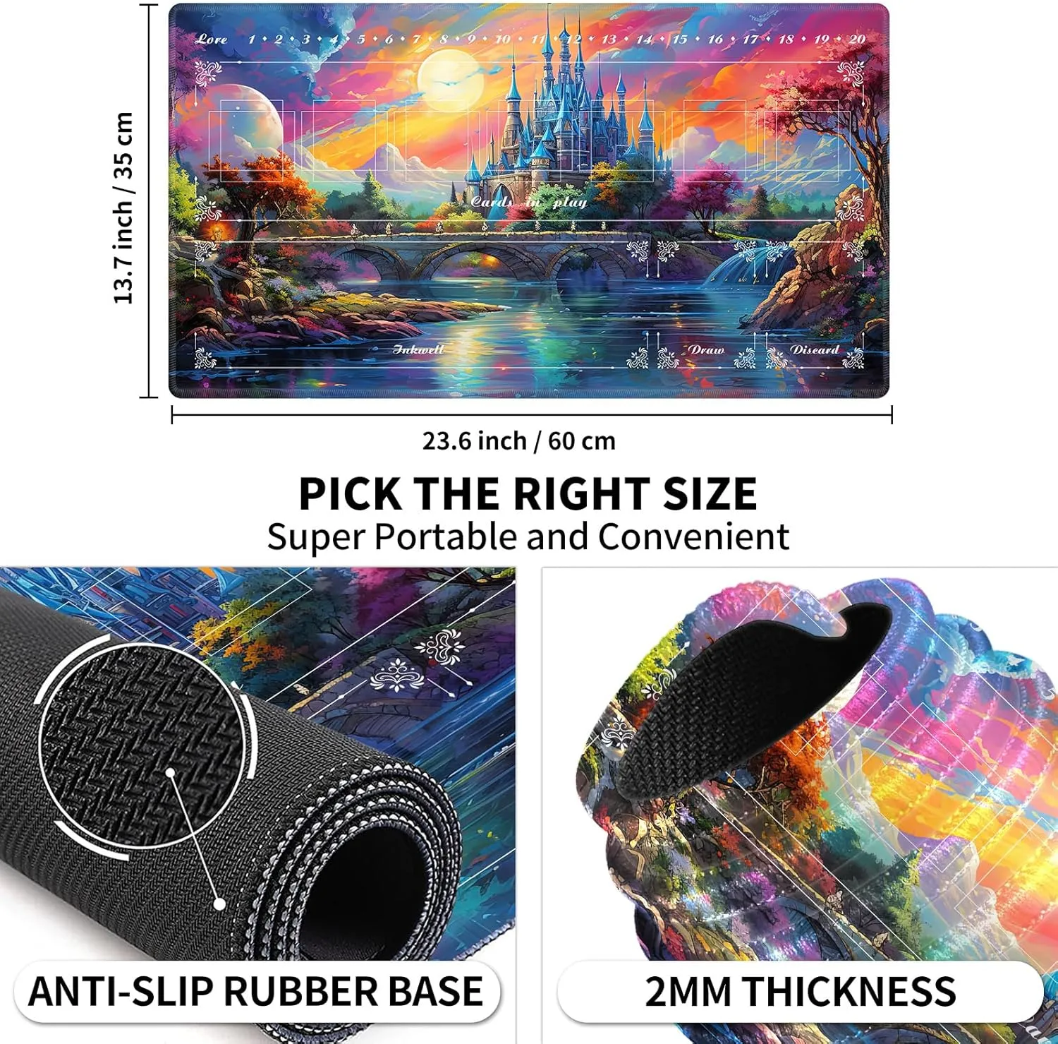 Playmat with Zones for Card Game Playing, Compatible with Lorcana TCG Cards Game Mats 24"x14" Commander Deck Gaming Duel Mat Card Gameplay Mats for Beginner, Colorful Castle