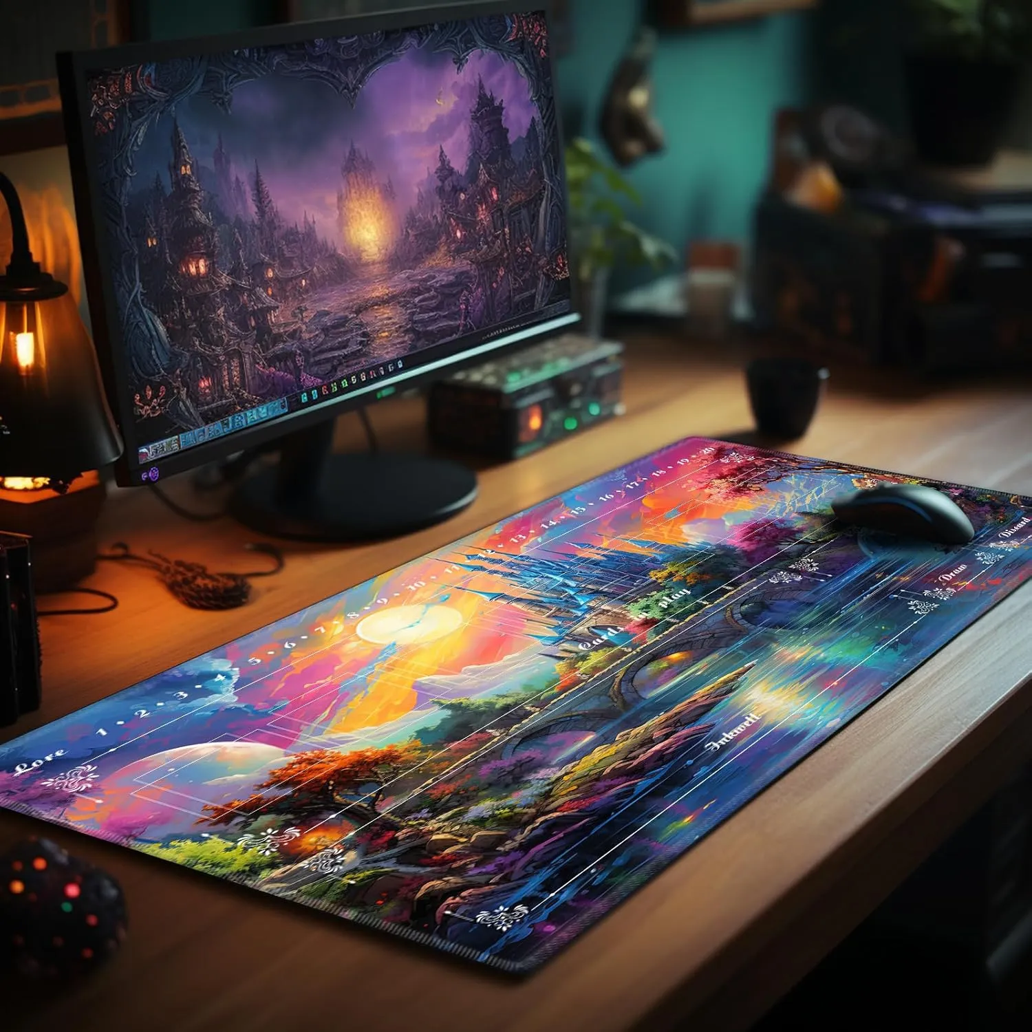 Playmat with Zones for Card Game Playing, Compatible with Lorcana TCG Cards Game Mats 24"x14" Commander Deck Gaming Duel Mat Card Gameplay Mats for Beginner, Colorful Castle