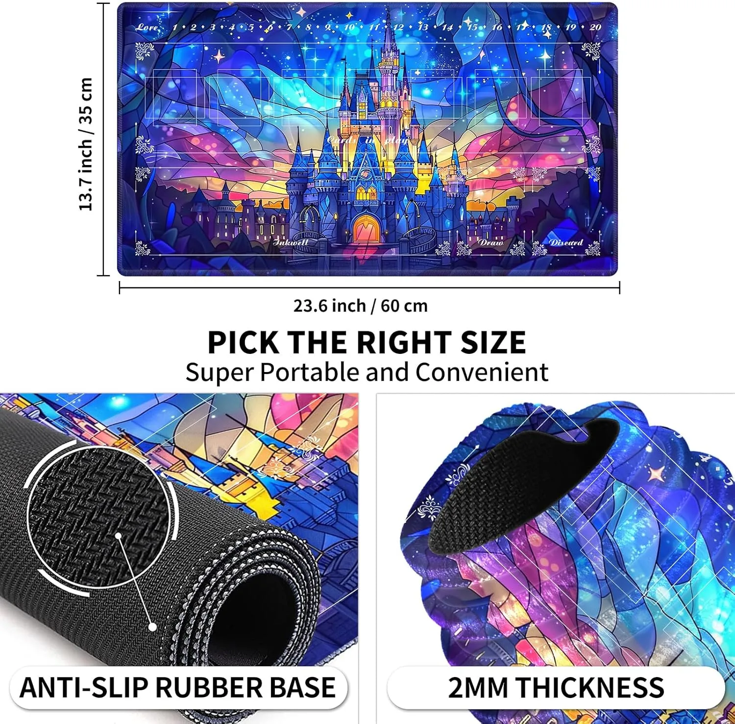 Playmat with Zones for Card Game Playing, Compatible with Lorcana TCG Cards Game Mats 24"x14" Commander Deck Gaming Duel Mat Card Gameplay Mats for Beginner, Magic Princess Castle