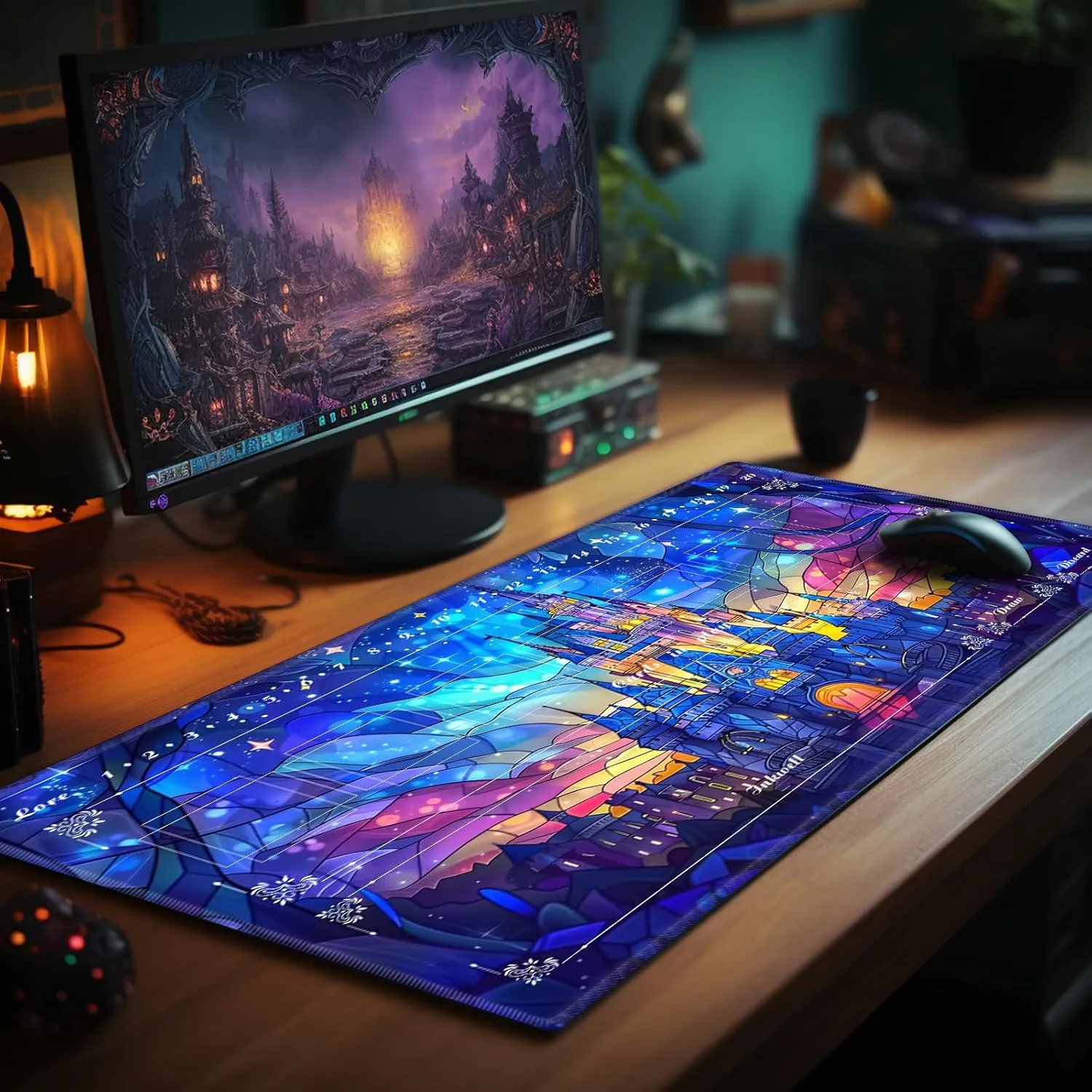 Playmat with Zones for Card Game Playing, Compatible with Lorcana TCG Cards Game Mats 24"x14" Commander Deck Gaming Duel Mat Card Gameplay Mats for Beginner, Magic Princess Castle