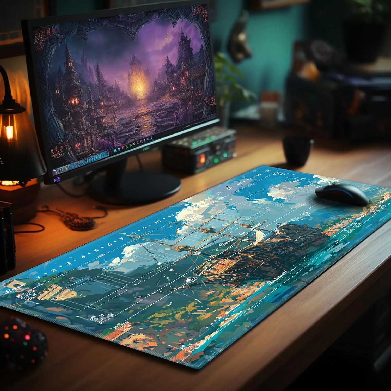 Playmat with Zones for Card Game Playing, Compatible with Lorcana TCG Cards Game Mats 24"x14" Commander Deck Gaming Duel Mat Card Gameplay Mats for Beginner, Painting of Boats
