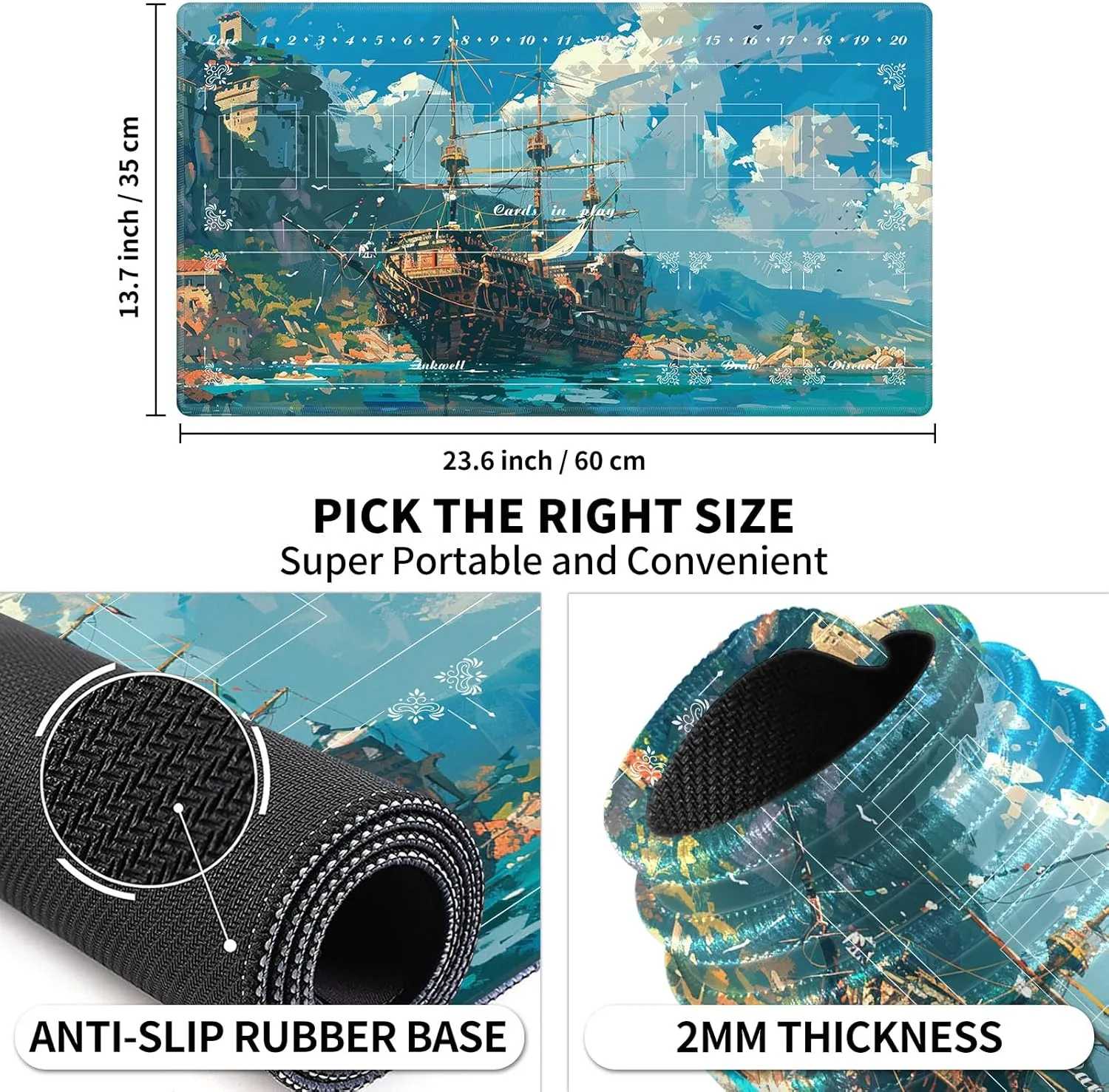 Playmat with Zones for Card Game Playing, Compatible with Lorcana TCG Cards Game Mats 24"x14" Commander Deck Gaming Duel Mat Card Gameplay Mats for Beginner, Painting of Boats