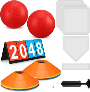 Poen 19 Pcs Sports Kickball Set, Including 2 Pcs 10 Inch Playground Ball with Air Pump 5 Pcs Rubber Bases 10 Pcs Foul Marker Discs and a Flip Scoreboard for Kids Adults Boy Girl Outdoor Backyard Game