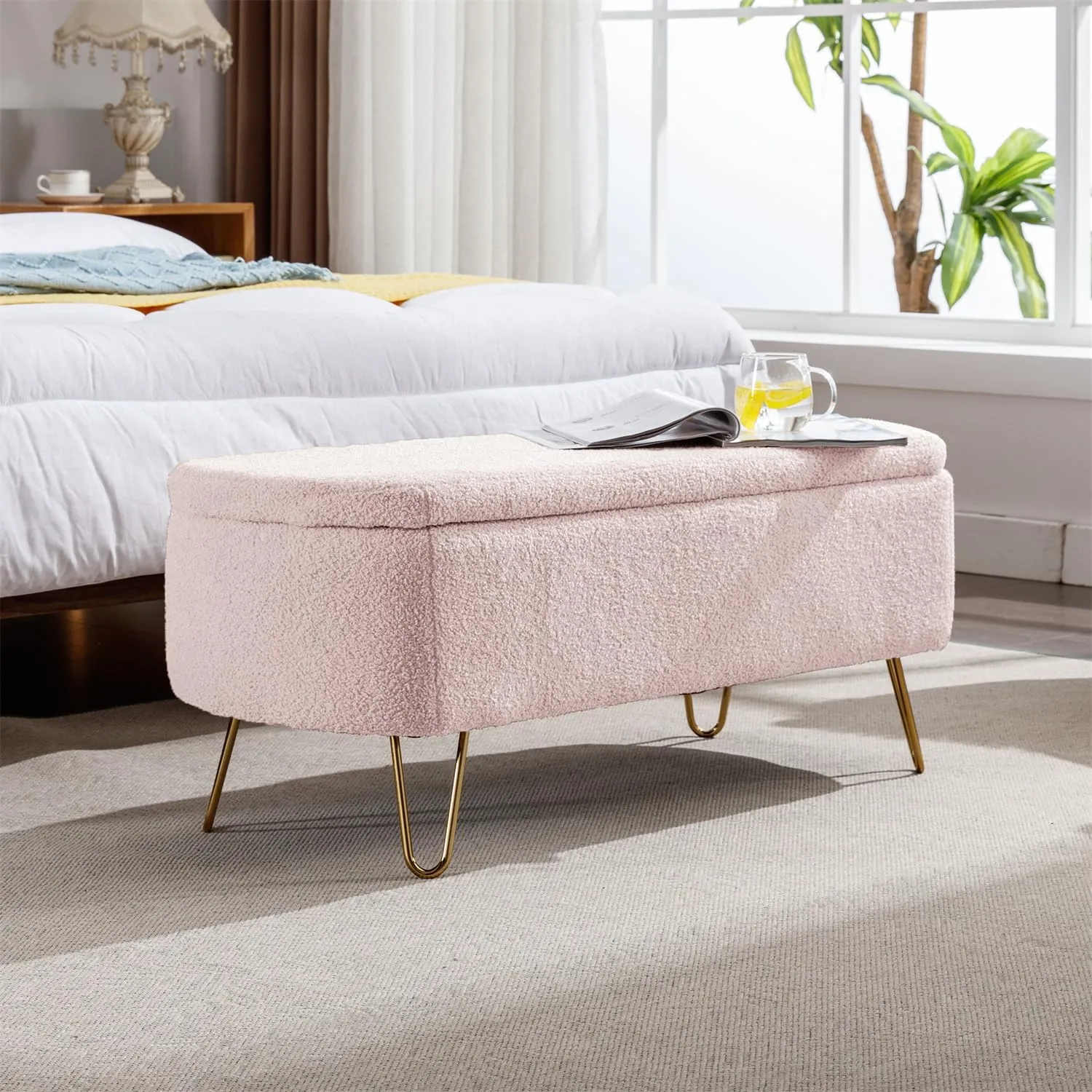 Polibi Storage Bench, Faux Fur Ottoman Bench with Gold Legs, Upholstered Padded with Storage for Bed Side, Entryway, Living Room (Pink)