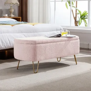 Polibi Storage Bench, Faux Fur Ottoman Bench with Gold Legs, Upholstered Padded with Storage for Bed Side, Entryway, Living Room (Pink)